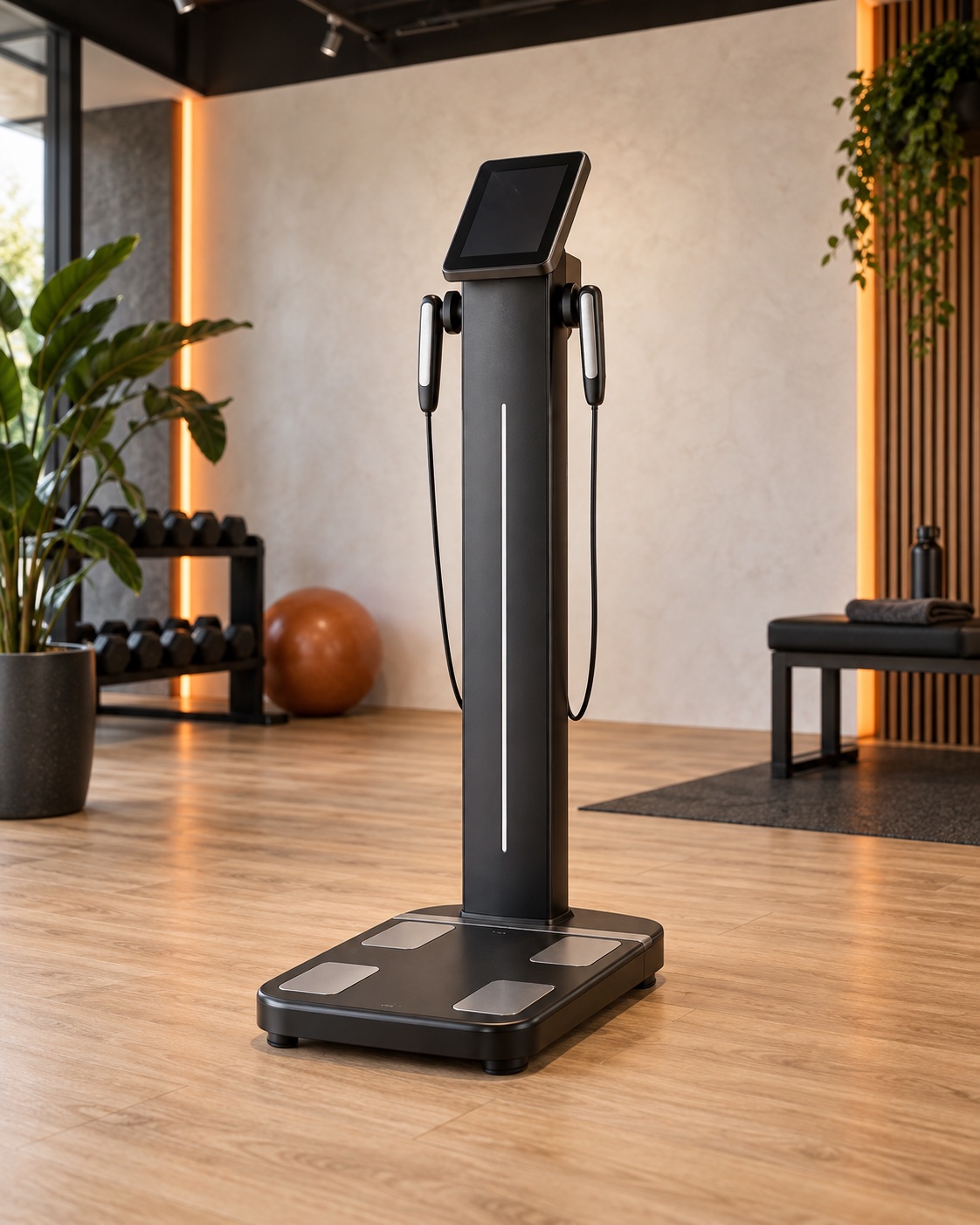 Realistische illustratie van een staand bodyscanapparaat in een fitnessruimte